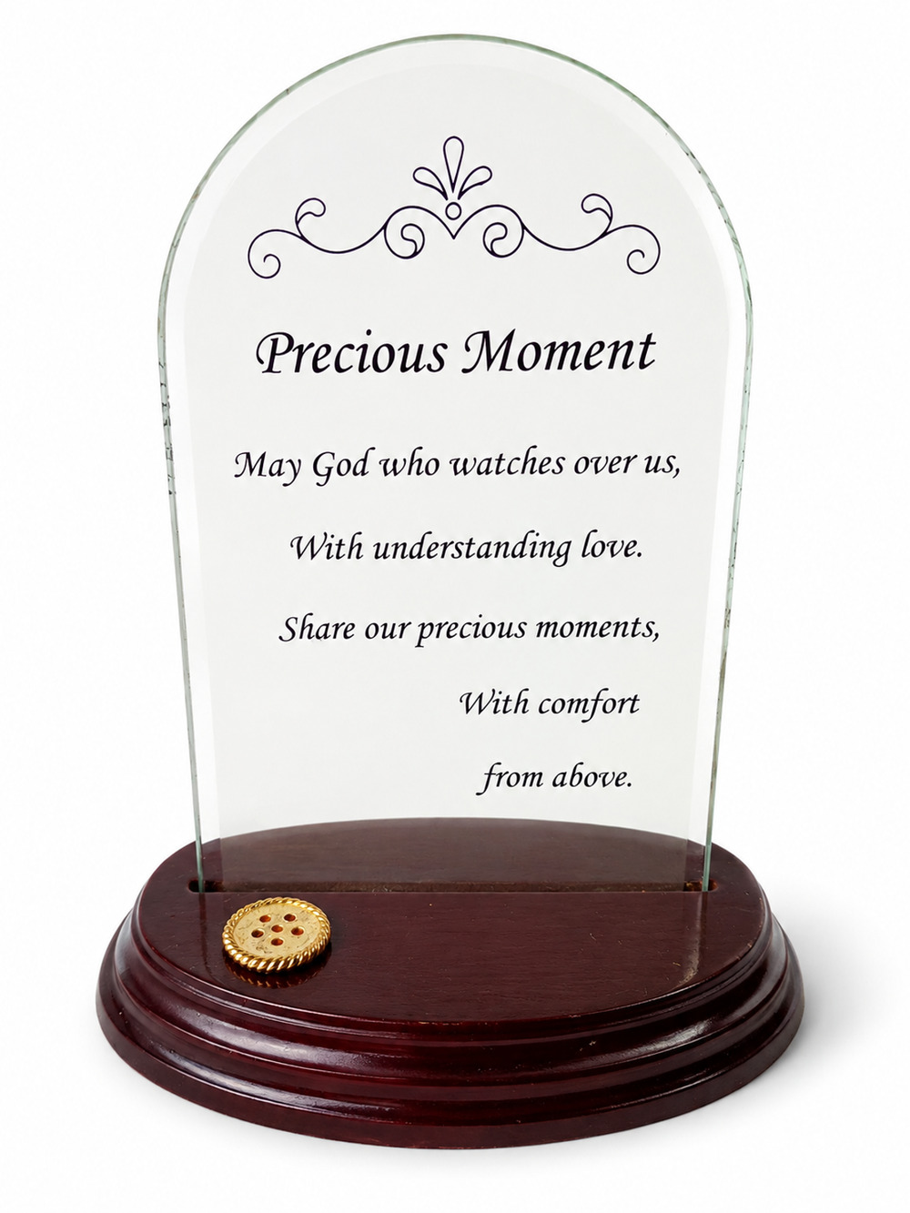 Precious Moment Memorial Sympathy Glass Plaque Religious Verse Wood Base